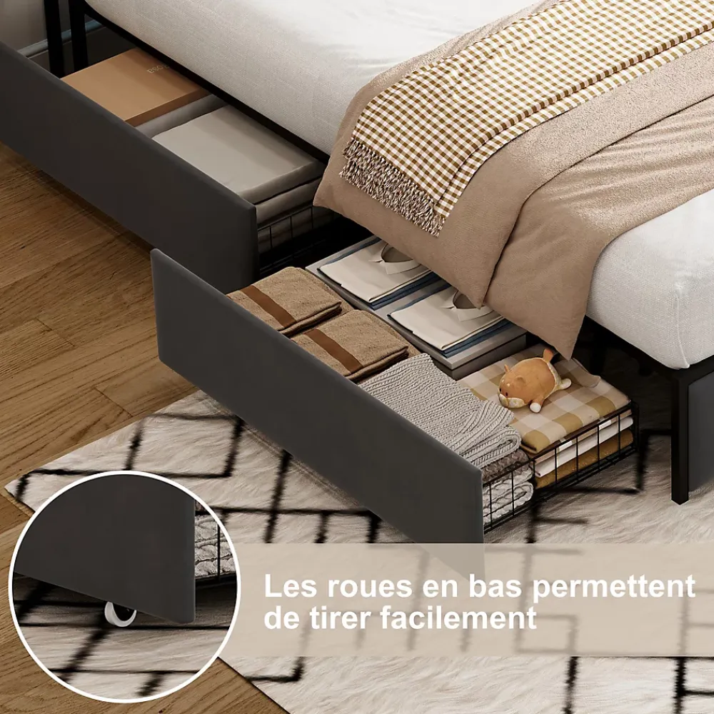 ProximaX Lit coffre 140x200 cm en velours gris avec tête de lit lumineuse et chargeur intégré, 4 tiroirs de rangement, structure métal* Lit Coffre