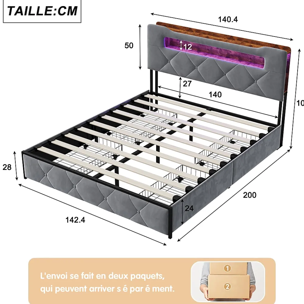 ProximaX Lit coffre 140x200 cm en velours gris avec tête de lit lumineuse et chargeur intégré, 4 tiroirs de rangement, structure métal* Lit Coffre