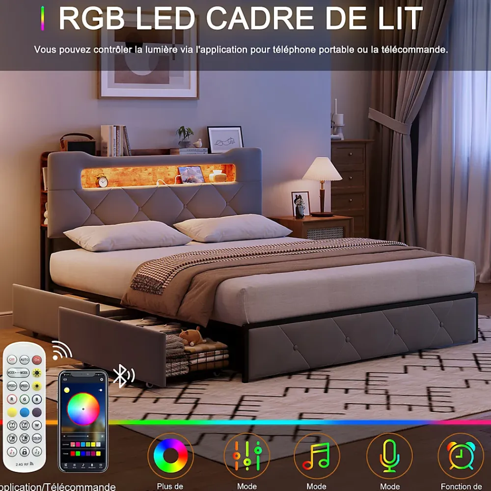 ProximaX Lit coffre 140x200 cm en velours gris avec tête de lit lumineuse et chargeur intégré, 4 tiroirs de rangement, structure métal* Lit Coffre