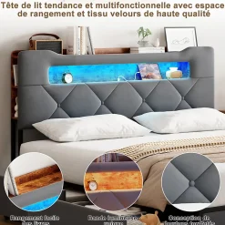 ProximaX Lit coffre 140x200 cm en velours gris avec tête de lit lumineuse et chargeur intégré, 4 tiroirs de rangement, structure métal* Lit Coffre