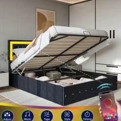 Simple Life Lit coffre 160x200 cm en velours - avec LED et sommier à lattes - Lit double de rangement - avec tête de lit réglable - Noir* Lit Coffre