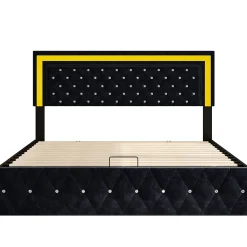 Simple Life Lit coffre 160x200 cm en velours - avec LED et sommier à lattes - Lit double de rangement - avec tête de lit réglable - Noir* Lit Coffre