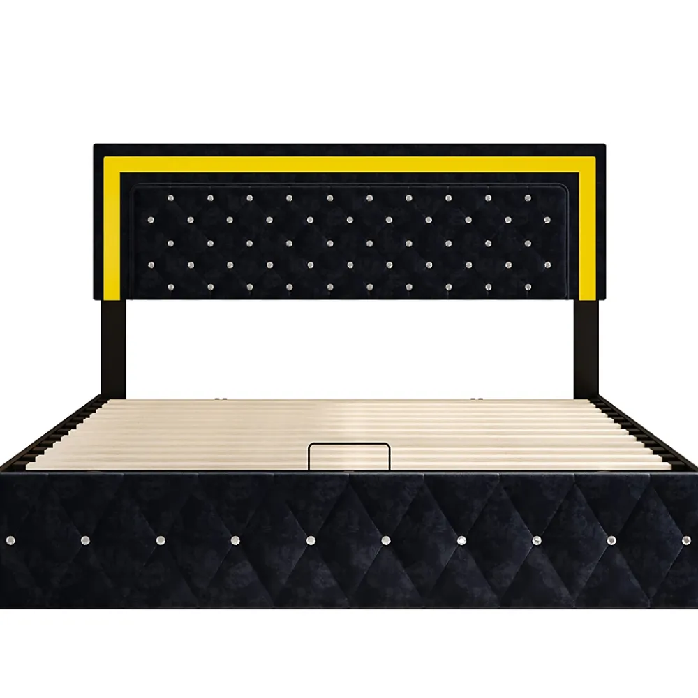 Simple Life Lit coffre 160x200 cm en velours - avec LED et sommier à lattes - Lit double de rangement - avec tête de lit réglable - Noir* Lit Coffre
