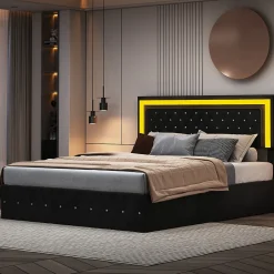 Simple Life Lit coffre 160x200 cm en velours - avec LED et sommier à lattes - Lit double de rangement - avec tête de lit réglable - Noir* Lit Coffre