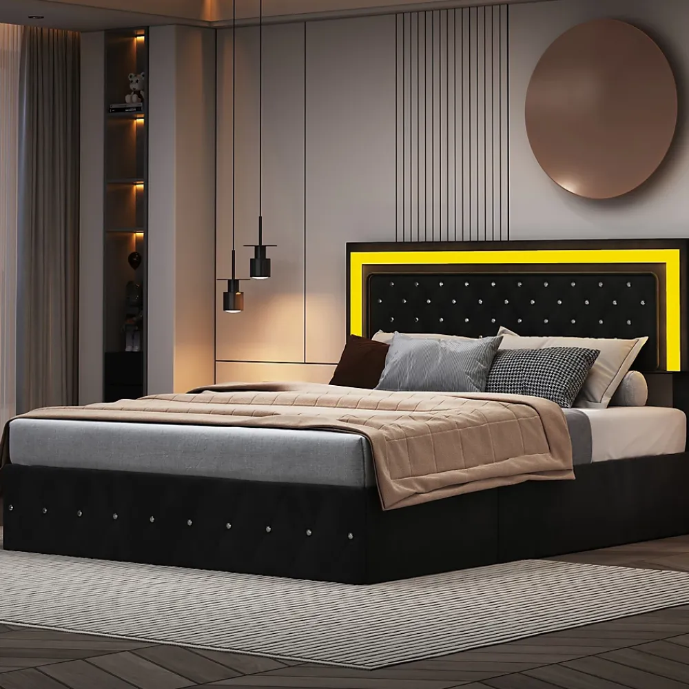 Simple Life Lit coffre 160x200 cm en velours - avec LED et sommier à lattes - Lit double de rangement - avec tête de lit réglable - Noir* Lit Coffre