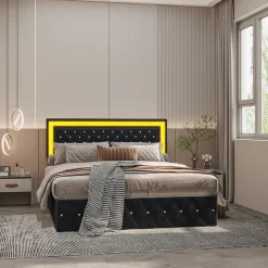 Simple Life Lit coffre 160x200 cm en velours - avec LED et sommier à lattes - Lit double de rangement - avec tête de lit réglable - Noir* Lit Coffre