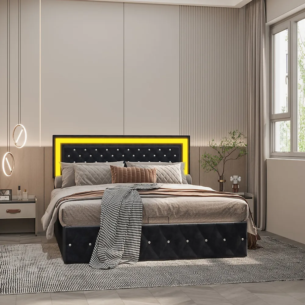 Simple Life Lit coffre 160x200 cm en velours - avec LED et sommier à lattes - Lit double de rangement - avec tête de lit réglable - Noir* Lit Coffre