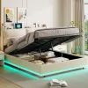 ProximaX Lit coffre 160x200 cm en velours, LED + USB/Type-C, sommier à lattes, rangement, lit double, Beige* Lit Coffre