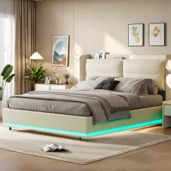 ProximaX Lit coffre 160x200 cm en velours, LED + USB/Type-C, sommier à lattes, rangement, lit double, Beige* Lit Coffre