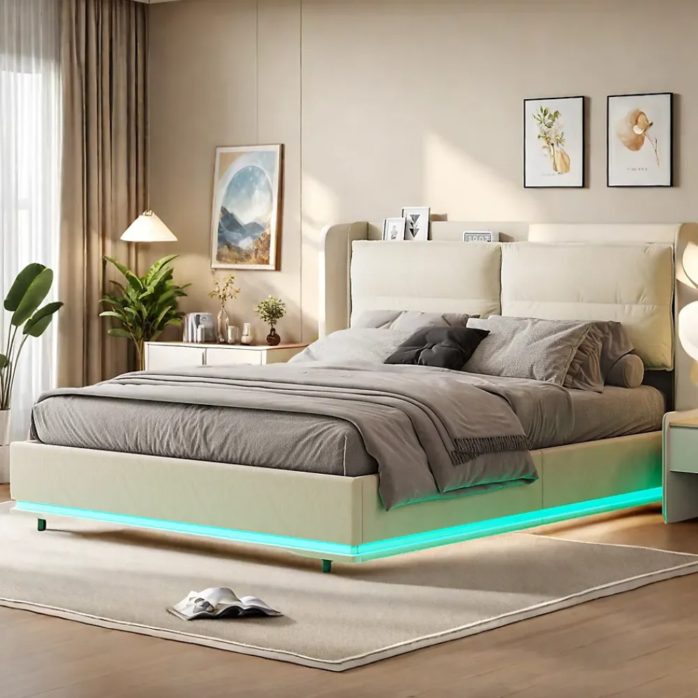 ProximaX Lit coffre 160x200 cm en velours, LED + USB/Type-C, sommier à lattes, rangement, lit double, Beige* Lit Coffre