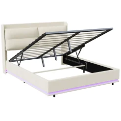 ProximaX Lit coffre 160x200 cm en velours, LED + USB/Type-C, sommier à lattes, rangement, lit double, Beige* Lit Coffre
