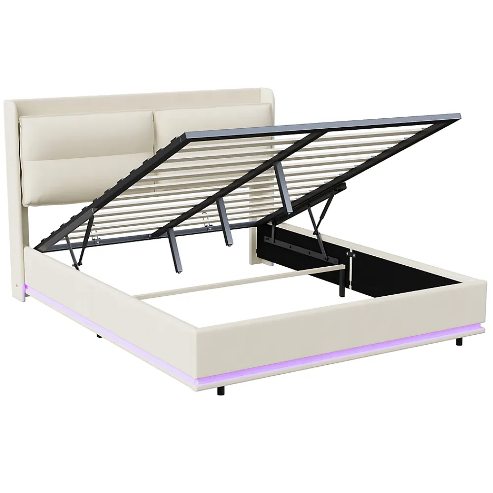 ProximaX Lit coffre 160x200 cm en velours, LED + USB/Type-C, sommier à lattes, rangement, lit double, Beige* Lit Coffre