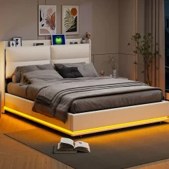 ProximaX Lit coffre 160x200 cm en velours, LED + USB/Type-C, sommier à lattes, rangement, lit double, Beige* Lit Coffre