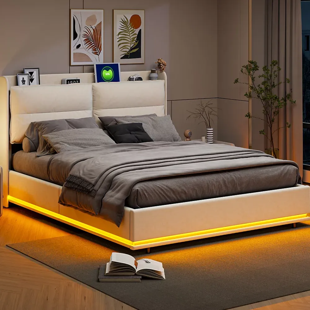 ProximaX Lit coffre 160x200 cm en velours, LED + USB/Type-C, sommier à lattes, rangement, lit double, Beige* Lit Coffre