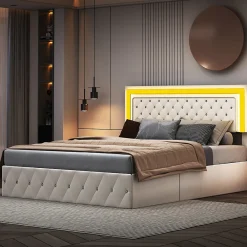 Lit coffre 140x200 cm en velours - avec LED et sommier à lattes - Lit double de rangement - avec tête de lit réglable - Beige>Simple Life Best