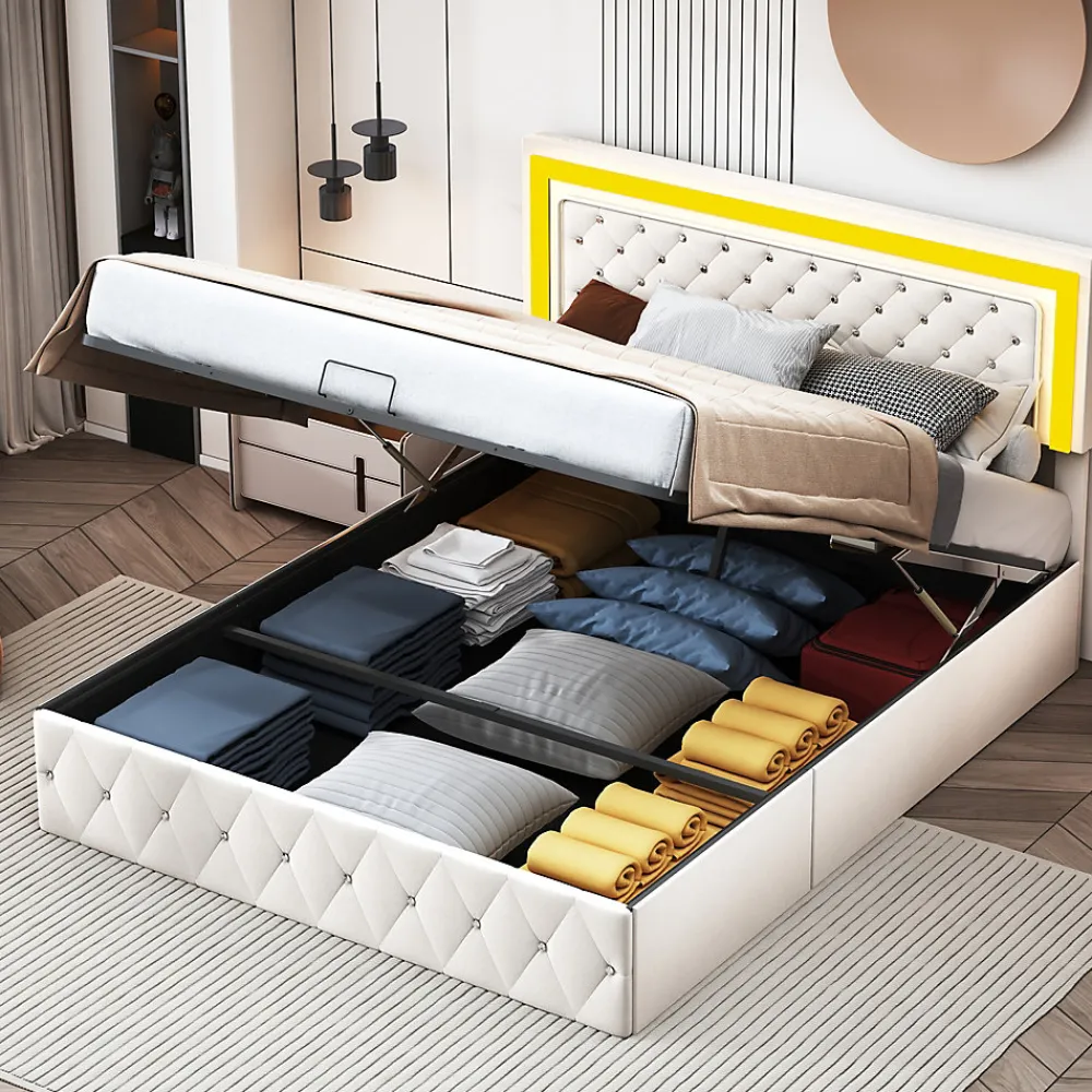 Lit coffre 140x200 cm en velours - avec LED et sommier à lattes - Lit double de rangement - avec tête de lit réglable - Beige>Simple Life Best