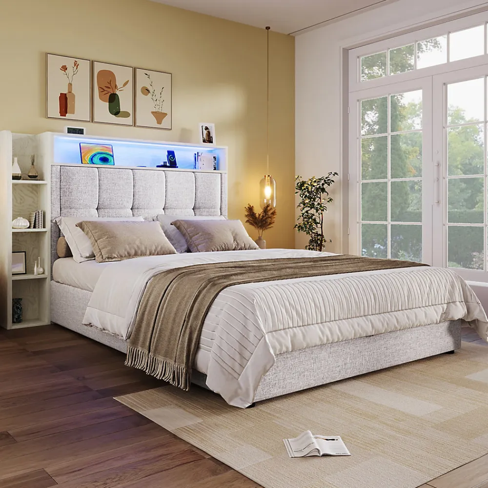 Lit coffre 90x200 cm enfant/ado - Lit Coffre Capitonné avec Rangement, LED et USB Type-C - Tissu Lin, Beige>Okwish Sale