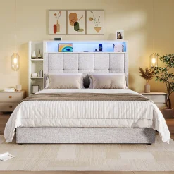 Lit coffre 90x200 cm enfant/ado - Lit Coffre Capitonné avec Rangement, LED et USB Type-C - Tissu Lin, Beige><noscript><img width=