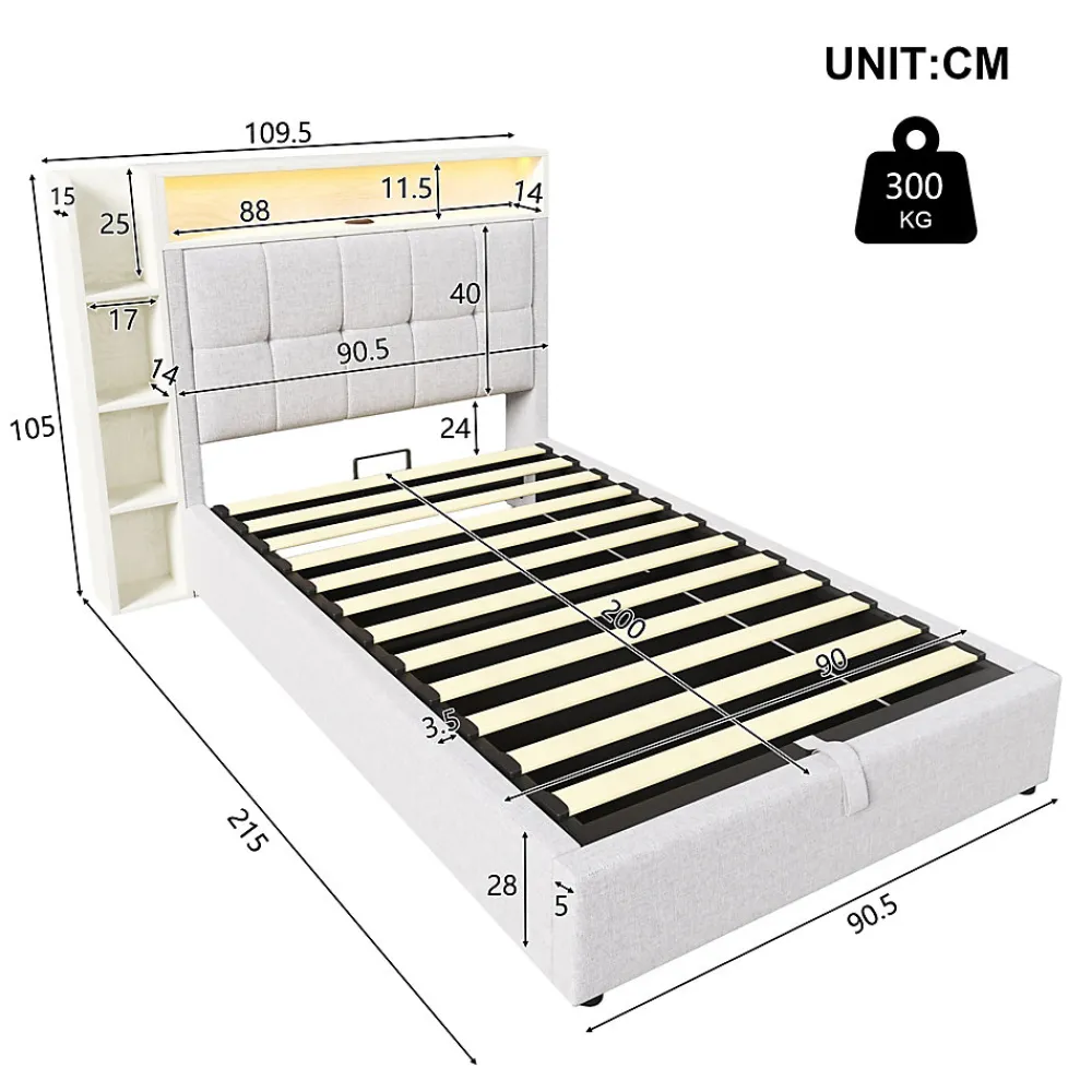 Lit coffre 90x200 cm enfant/ado - Lit Coffre Capitonné avec Rangement, LED et USB Type-C - Tissu Lin, Beige>Okwish Sale