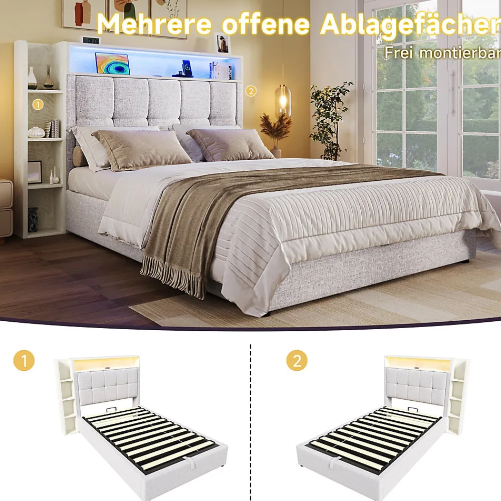 Lit coffre 90x200 cm enfant/ado - Lit Coffre Capitonné avec Rangement, LED et USB Type-C - Tissu Lin, Beige>Okwish Sale