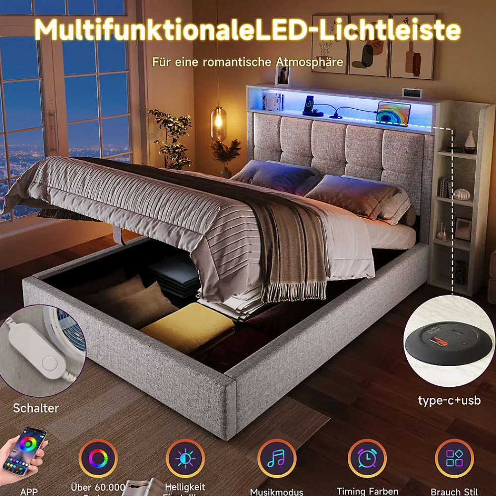 Lit coffre 90x200 cm enfant/ado - Lit Coffre Capitonné avec Rangement, LED et USB Type-C - Tissu Lin, Beige>Okwish Sale