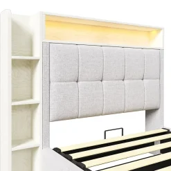 Lit coffre 90x200 cm enfant/ado - Lit Coffre Capitonné avec Rangement, LED et USB Type-C - Tissu Lin, Beige><noscript><img width=