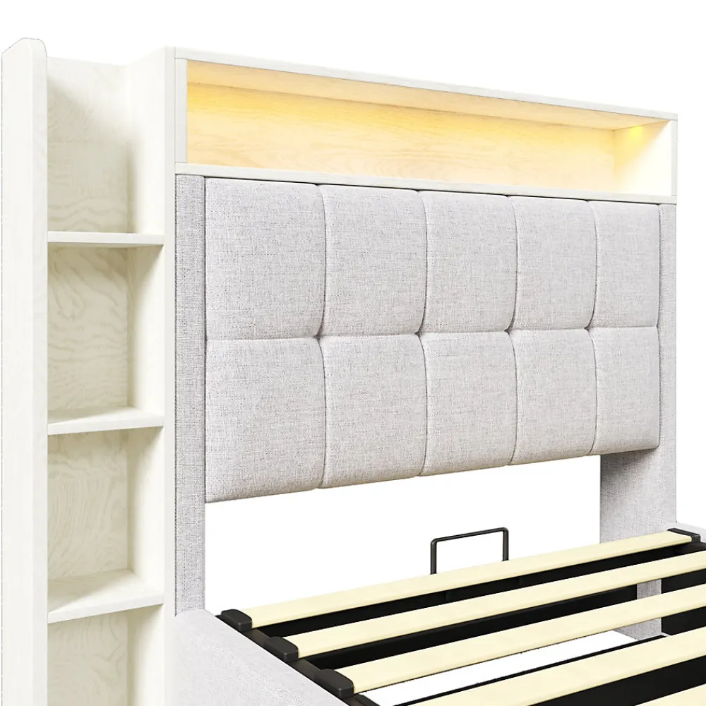 Lit coffre 90x200 cm enfant/ado - Lit Coffre Capitonné avec Rangement, LED et USB Type-C - Tissu Lin, Beige>Okwish Sale