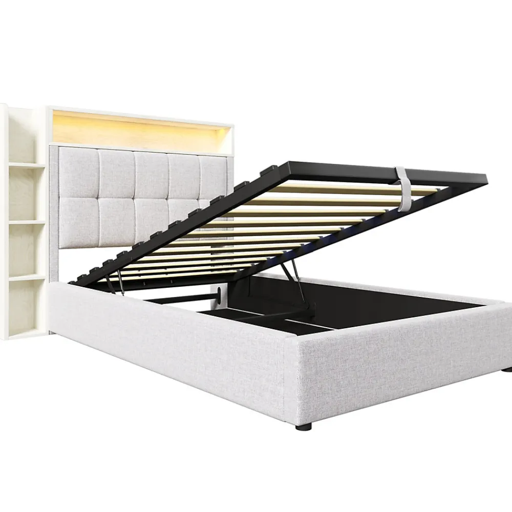 Lit coffre 90x200 cm enfant/ado - Lit Coffre Capitonné avec Rangement, LED et USB Type-C - Tissu Lin, Beige>Okwish Sale