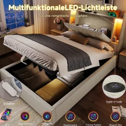 Okwish Lit coffre 90x200 cm enfant/ado - Coffre Capitonné avec Rangement, LED et Prise USB Type-C - Tissu Lin, Beige* Lit Coffre