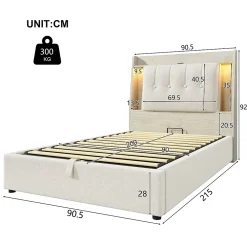 Okwish Lit coffre 90x200 cm enfant/ado - Coffre Capitonné avec Rangement, LED et Prise USB Type-C - Tissu Lin, Beige* Lit Coffre
