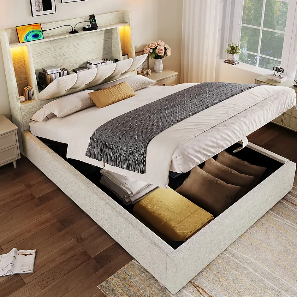 Okwish Lit coffre 90x200 cm enfant/ado - Coffre Capitonné avec Rangement, LED et Prise USB Type-C - Tissu Lin, Beige* Lit Coffre