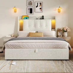 Okwish Lit coffre 90x200 cm enfant/ado - Coffre Capitonné avec Rangement, LED et Prise USB Type-C - Tissu Lin, Beige* Lit Coffre