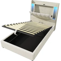 Okwish Lit coffre 90x200 cm enfant/ado - Coffre Capitonné avec Rangement, LED et Prise USB Type-C - Tissu Lin, Beige* Lit Coffre