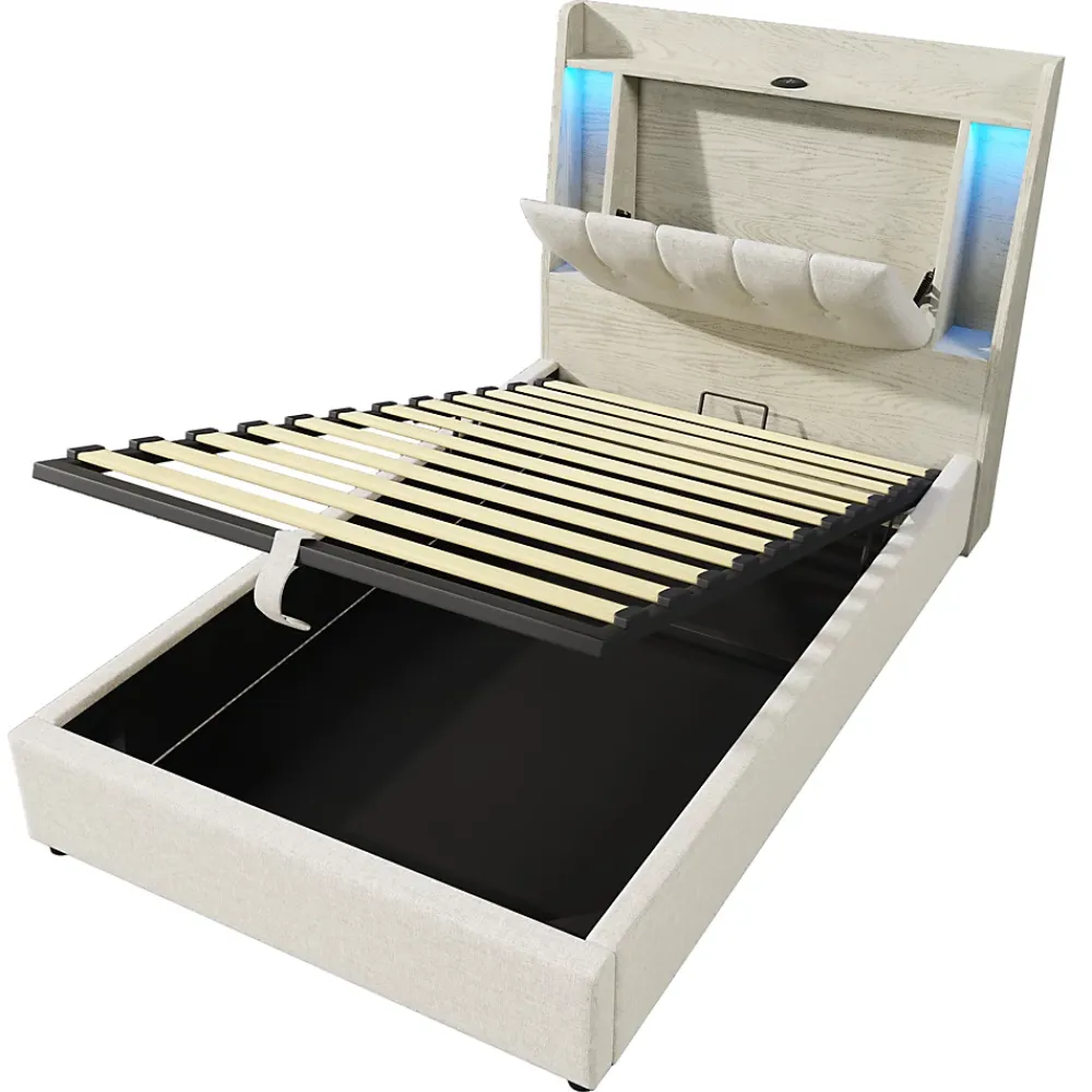 Okwish Lit coffre 90x200 cm enfant/ado - Coffre Capitonné avec Rangement, LED et Prise USB Type-C - Tissu Lin, Beige* Lit Coffre