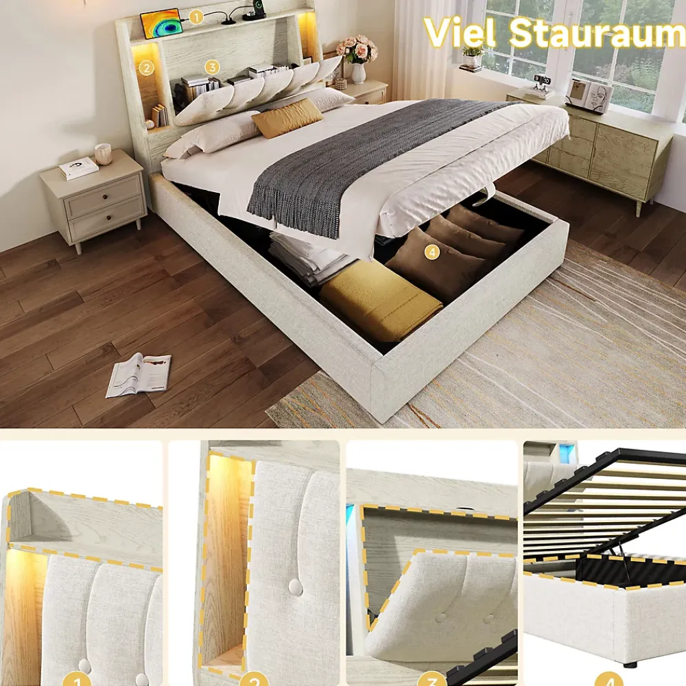 Okwish Lit coffre 90x200 cm enfant/ado - Coffre Capitonné avec Rangement, LED et Prise USB Type-C - Tissu Lin, Beige* Lit Coffre