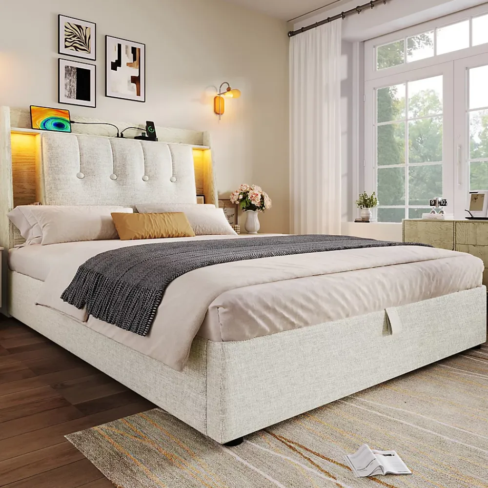 Okwish Lit coffre 90x200 cm enfant/ado - Coffre Capitonné avec Rangement, LED et Prise USB Type-C - Tissu Lin, Beige* Lit Coffre