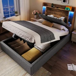 Okwish Lit coffre 90x200 cm enfant/ado - Coffre Capitonné avec Rangement, LED et USB Type-C - Tissu Lin, Gris* Lit Coffre