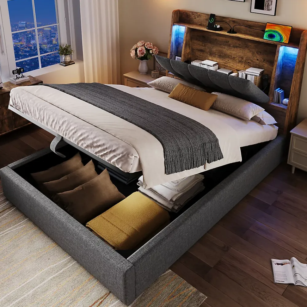 Okwish Lit coffre 90x200 cm enfant/ado - Coffre Capitonné avec Rangement, LED et USB Type-C - Tissu Lin, Gris* Lit Coffre