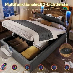 Okwish Lit coffre 90x200 cm enfant/ado - Coffre Capitonné avec Rangement, LED et USB Type-C - Tissu Lin, Gris* Lit Coffre