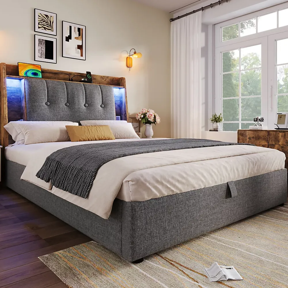 Okwish Lit coffre 90x200 cm enfant/ado - Coffre Capitonné avec Rangement, LED et USB Type-C - Tissu Lin, Gris* Lit Coffre