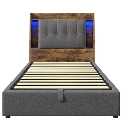 Okwish Lit coffre 90x200 cm enfant/ado - Coffre Capitonné avec Rangement, LED et USB Type-C - Tissu Lin, Gris* Lit Coffre