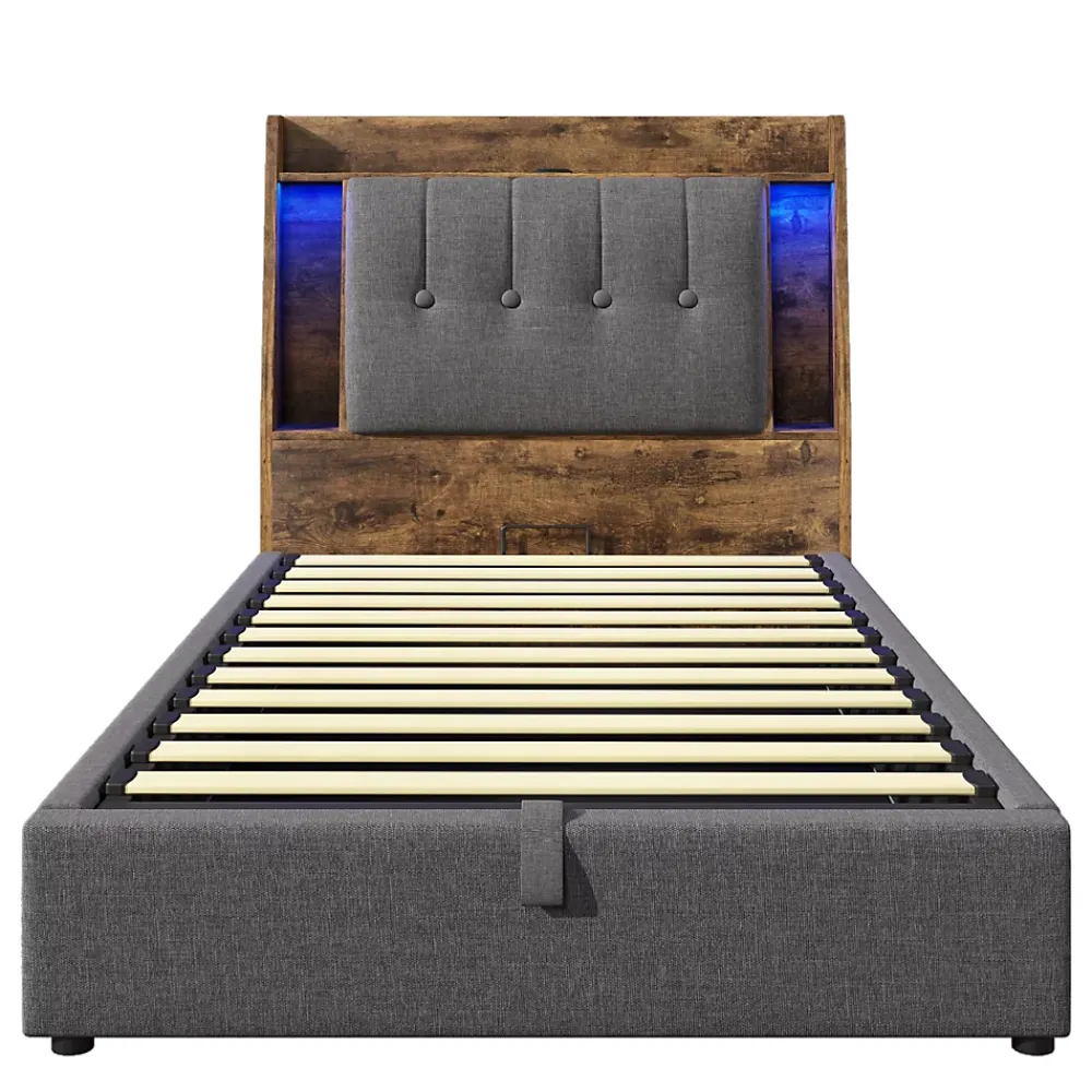 Okwish Lit coffre 90x200 cm enfant/ado - Coffre Capitonné avec Rangement, LED et USB Type-C - Tissu Lin, Gris* Lit Coffre