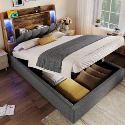 Okwish Lit coffre 90x200 cm enfant/ado - Coffre Capitonné avec Rangement, LED et USB Type-C - Tissu Lin, Gris* Lit Coffre