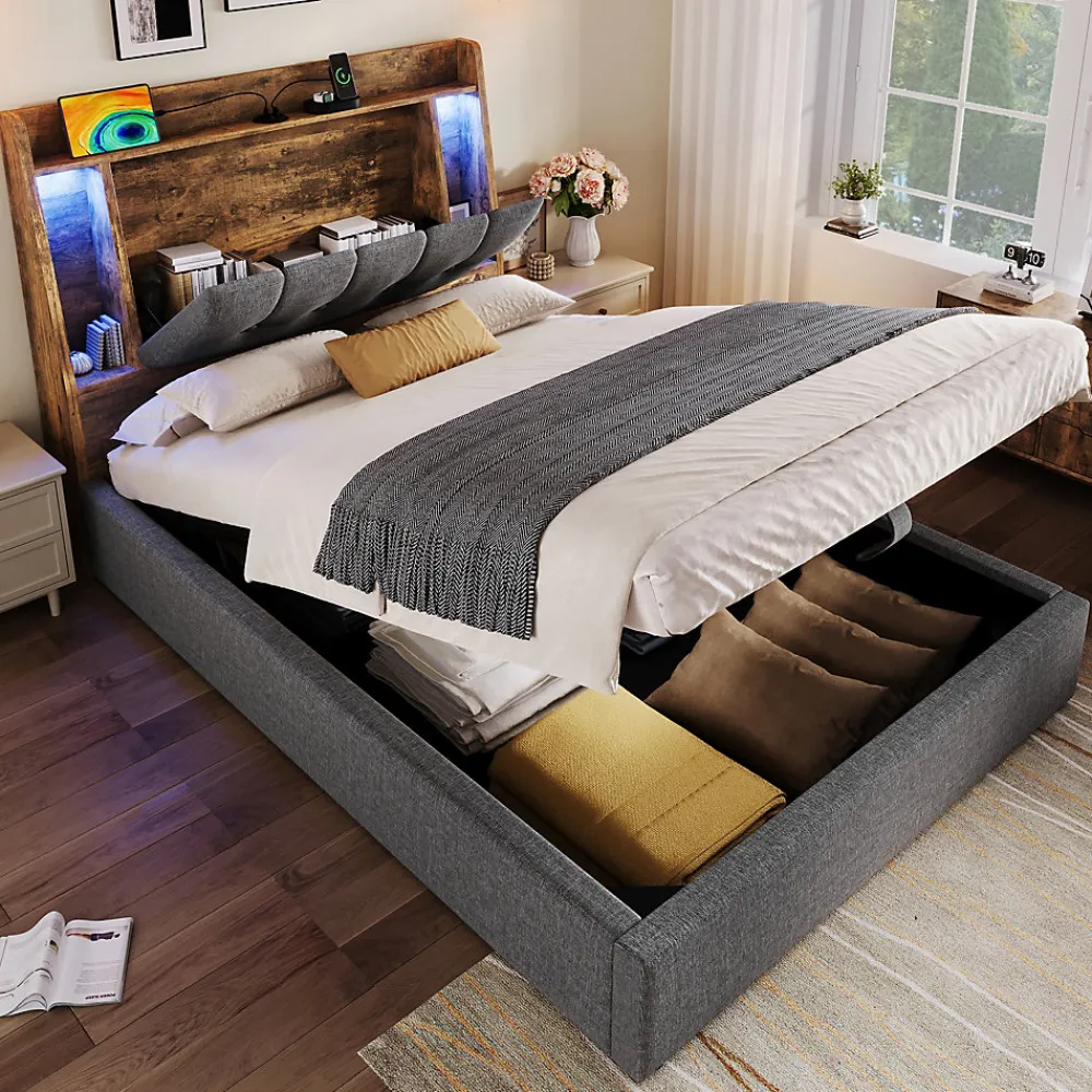 Okwish Lit coffre 90x200 cm enfant/ado - Coffre Capitonné avec Rangement, LED et USB Type-C - Tissu Lin, Gris* Lit Coffre