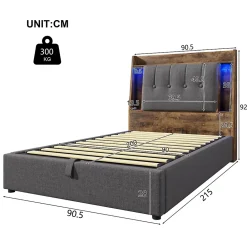 Okwish Lit coffre 90x200 cm enfant/ado - Coffre Capitonné avec Rangement, LED et USB Type-C - Tissu Lin, Gris* Lit Coffre