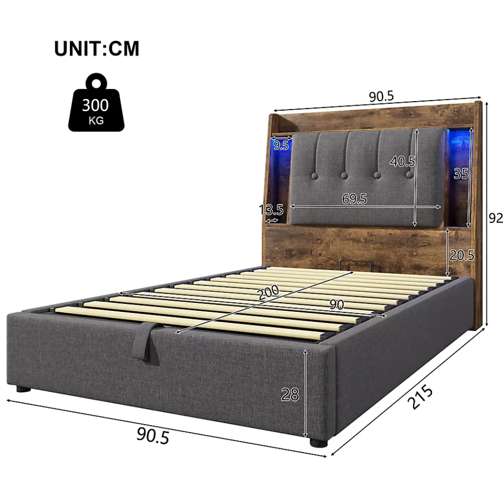 Okwish Lit coffre 90x200 cm enfant/ado - Coffre Capitonné avec Rangement, LED et USB Type-C - Tissu Lin, Gris* Lit Coffre