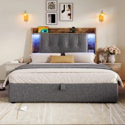 Okwish Lit coffre 90x200 cm enfant/ado - Coffre Capitonné avec Rangement, LED et USB Type-C - Tissu Lin, Gris* Lit Coffre