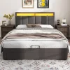 ProximaX Lit coffre 140x190 cm gris avec LED, rangement hydraulique, tiroirs et compartiments, tête rembourrée escamotable, cadre acier* Lit Coffre