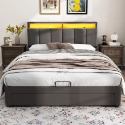 ProximaX Lit coffre 140x190 cm gris avec LED, rangement hydraulique, tiroirs et compartiments, tête rembourrée escamotable, cadre acier* Lit Coffre