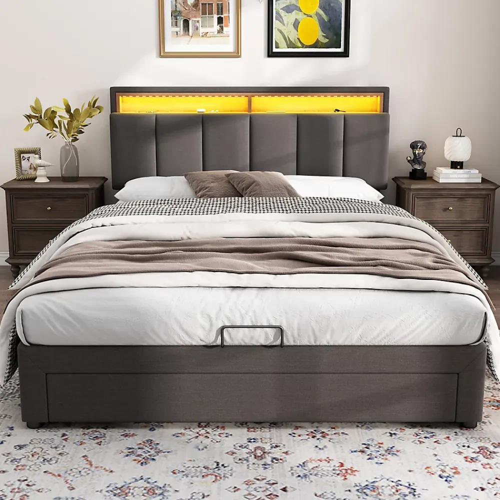ProximaX Lit coffre 140x190 cm gris avec LED, rangement hydraulique, tiroirs et compartiments, tête rembourrée escamotable, cadre acier* Lit Coffre